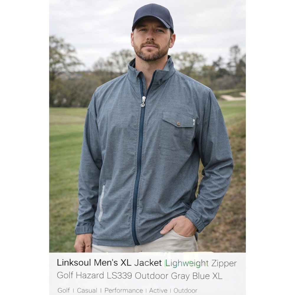 Linksoul Mens XL Jacket Lightweight Zipper Golf Hazard LS339‎ Gray Blue Striped